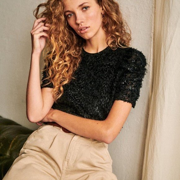 Sezane Kate Blouse Top Shiny Black Short Sleeve Size 6 NEW - Picture 1 of 17